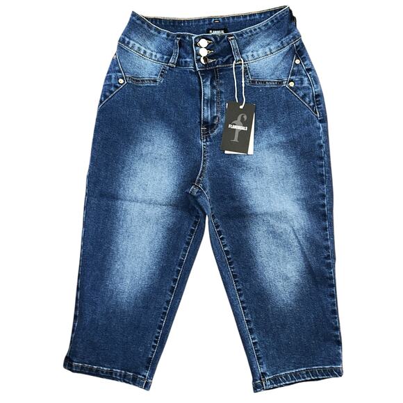 NWT Flamingals Three Button High-Rise Stretch Capri Jeans Women's Small 24X15 - Picture 1 of 7